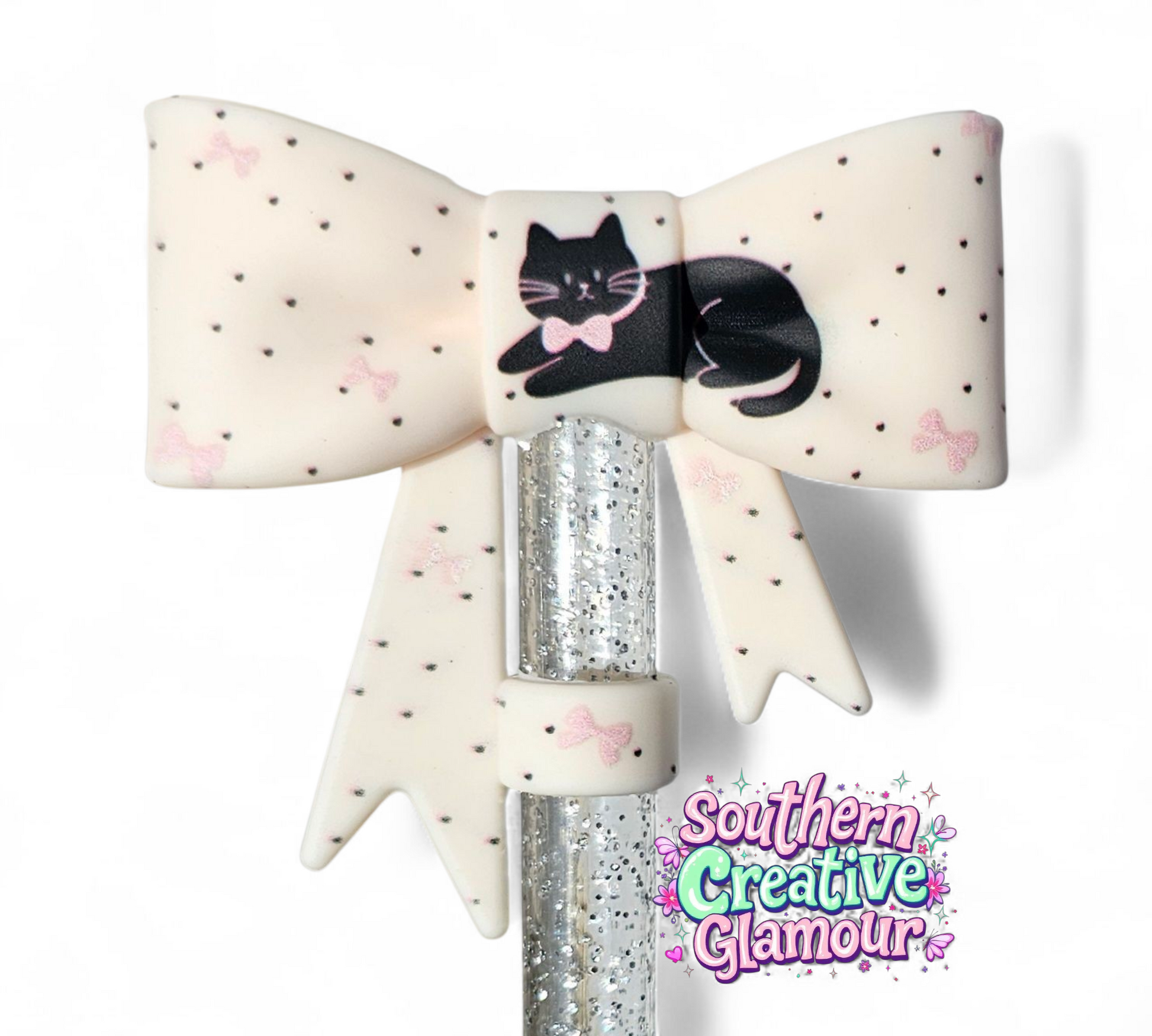 Cream bow with black cat and pink coquette bows 3D Bow Silicone 10mm Straw Topper by Southern Creative Glamour 
