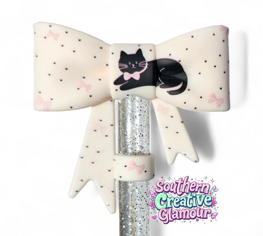 Cream bow with black cat and pink coquette bows 3D Bow Silicone 10mm Straw Topper by Southern Creative Glamour 