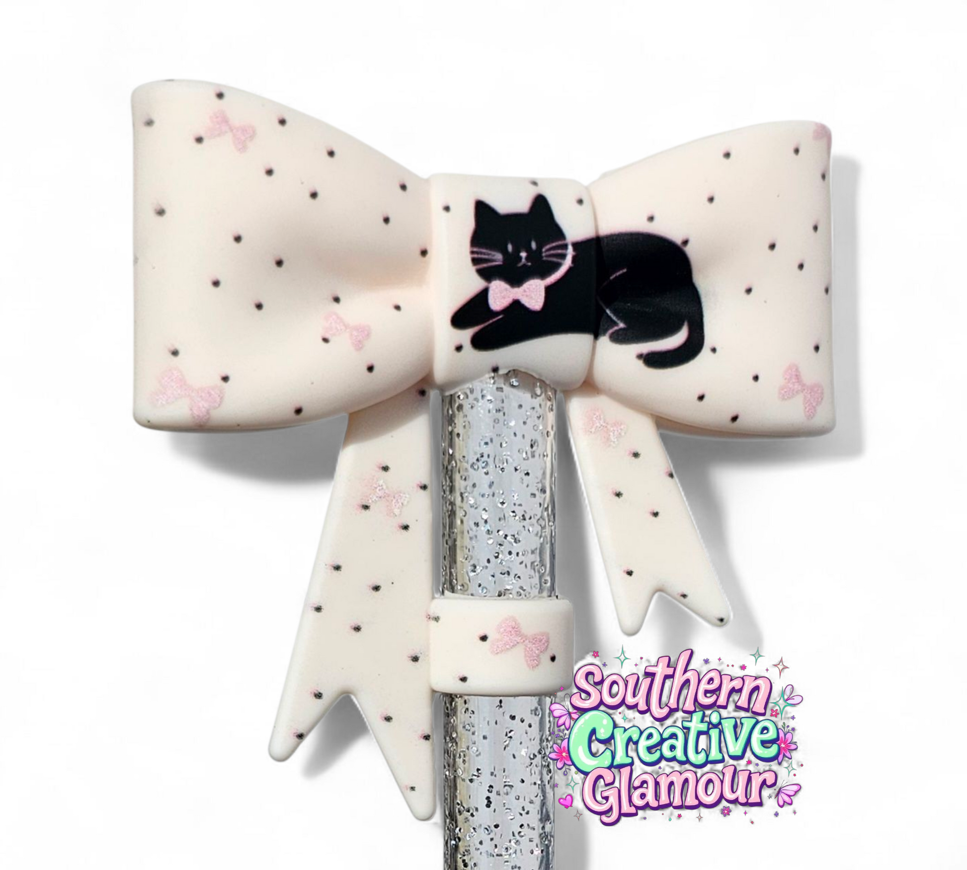 Cream bow with black cat and pink coquette bows 3D Bow Silicone 10mm Straw Topper by Southern Creative Glamour 