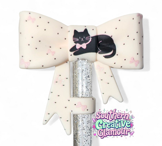 Cream bow with black cat and pink coquette bows 3D Bow Silicone 10mm Straw Topper by Southern Creative Glamour 