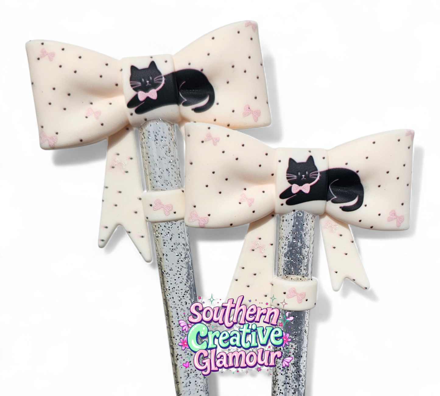 Cream bow with black cat and pink coquette bows 3D Bow Silicone 10mm Straw Topper by Southern Creative Glamour 