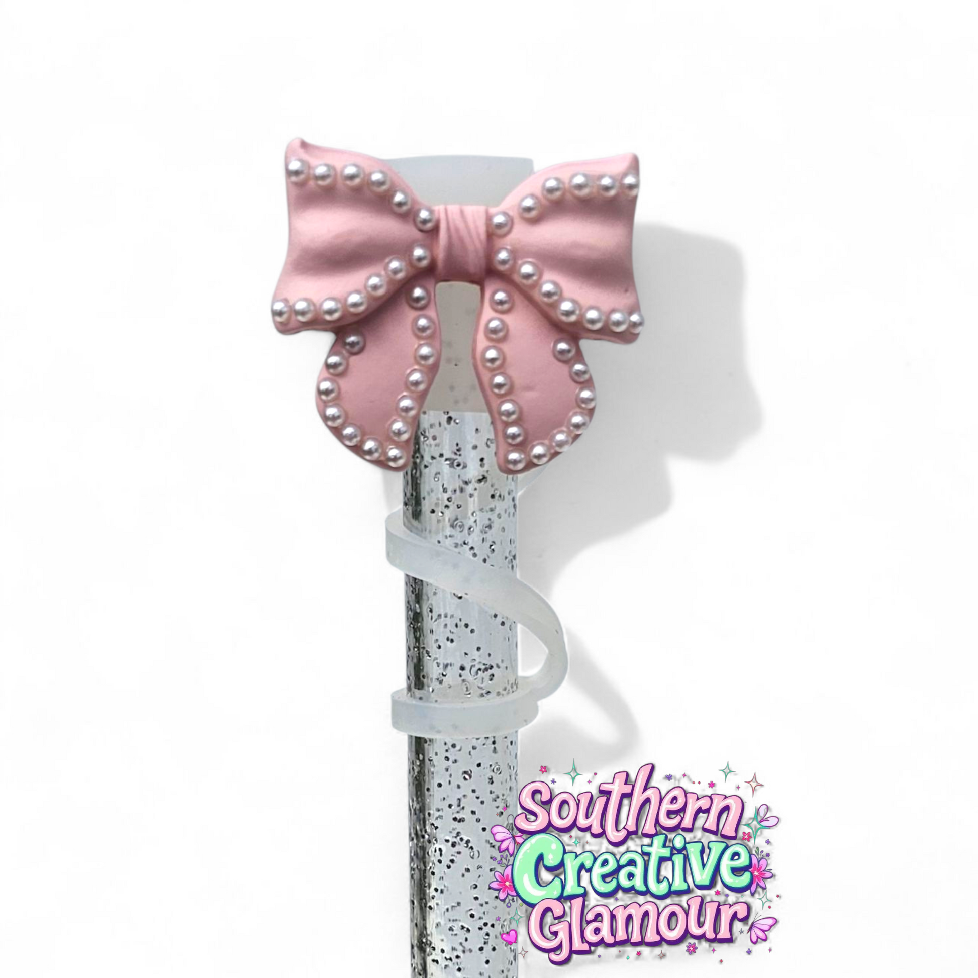 Ballerina Pink Beaded Pearl Bow Straw Toppers by Southern Creative Glamour 