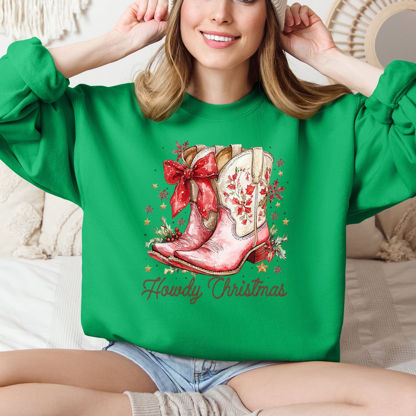Bright Green and Pink Howdy Christmas, Cowboy Boots, Santa, Western, Country Sweatshirt