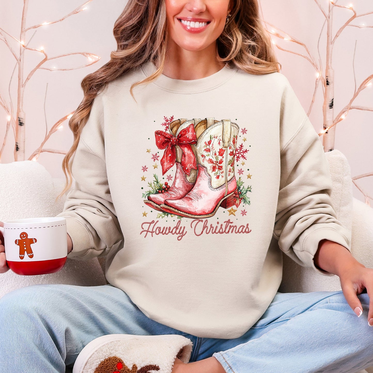 Cream and Pink Howdy Christmas, Cowboy Boots, Santa, Western, Country Sweatshirt
