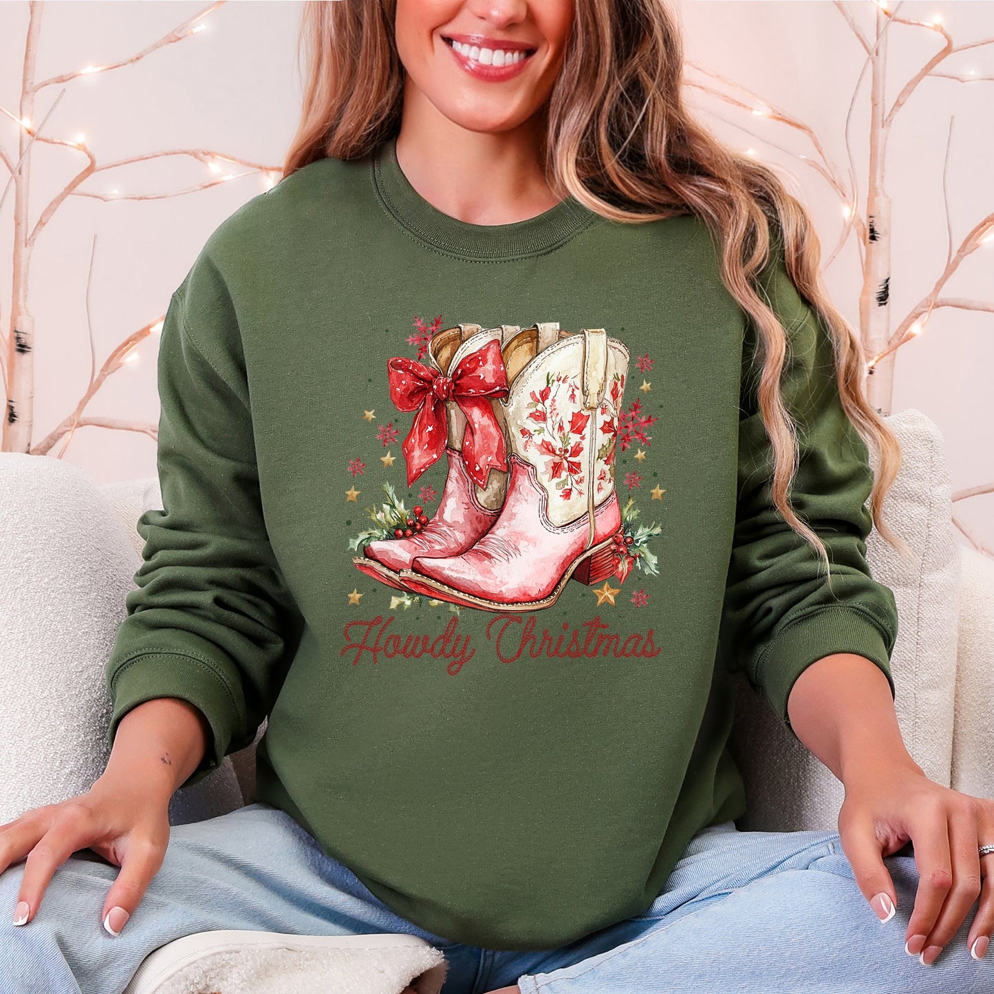 Military Green and Pink Howdy Christmas, Cowboy Boots, Santa, Western, Country Sweatshirt