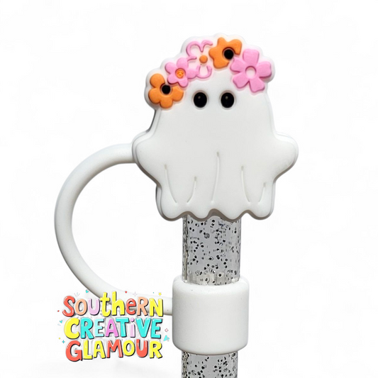 Pretty Ghost with flower crown 10mm Silicone Straw Topper by Southern Creative Glamour 