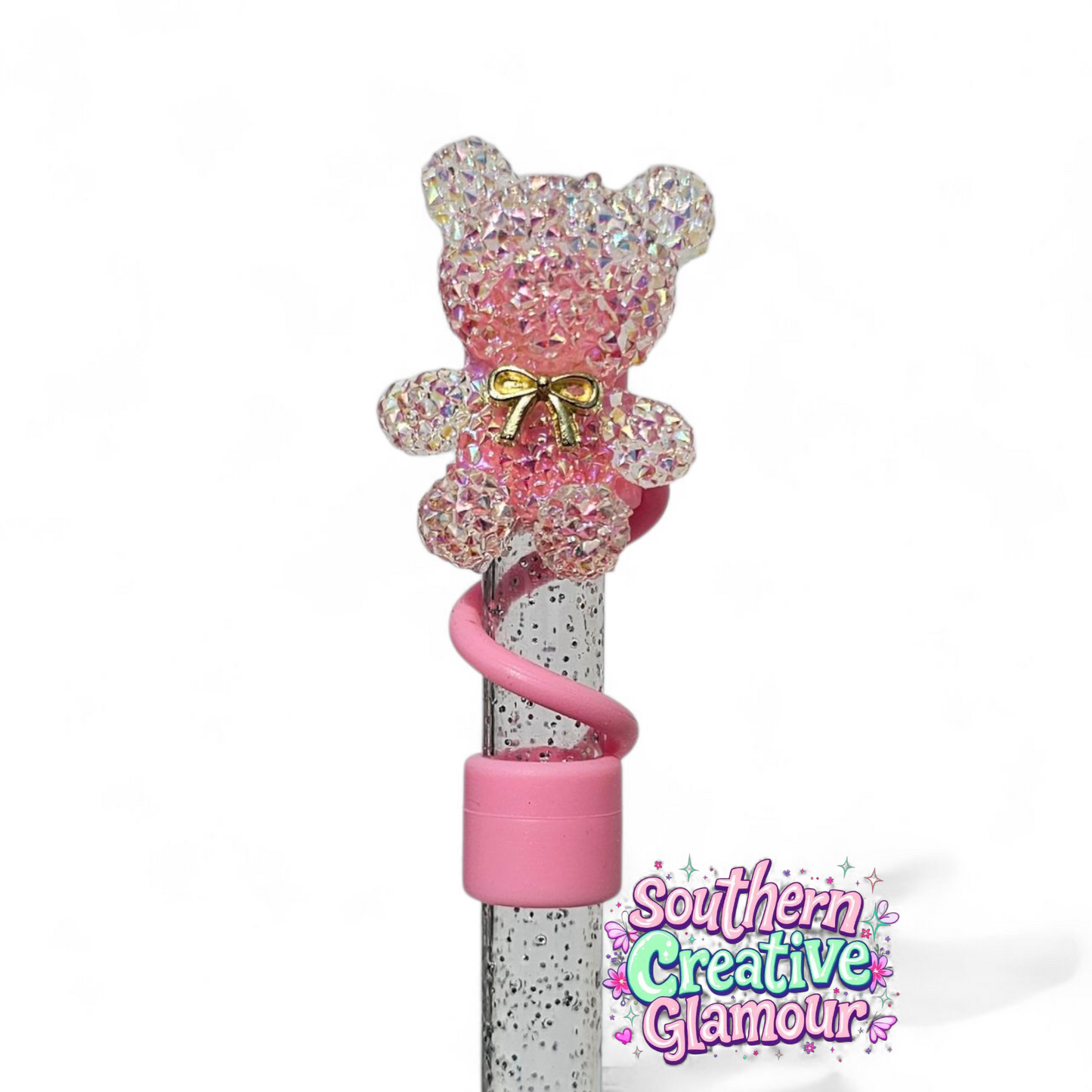 Pink Crystal Bear 10mm Straw Topper | Tumbler Accessory by Southern Creative Glamour 