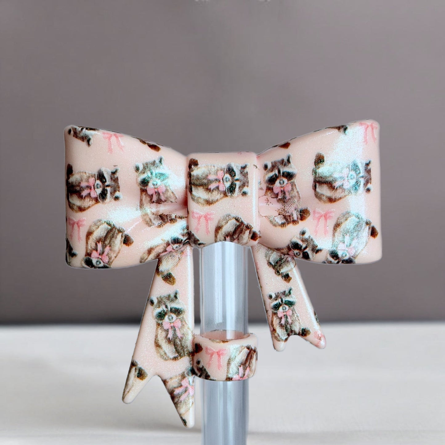 Cutie Raccoon 3D Bow Silicone Straw Topper | Fits 10mm Straws 