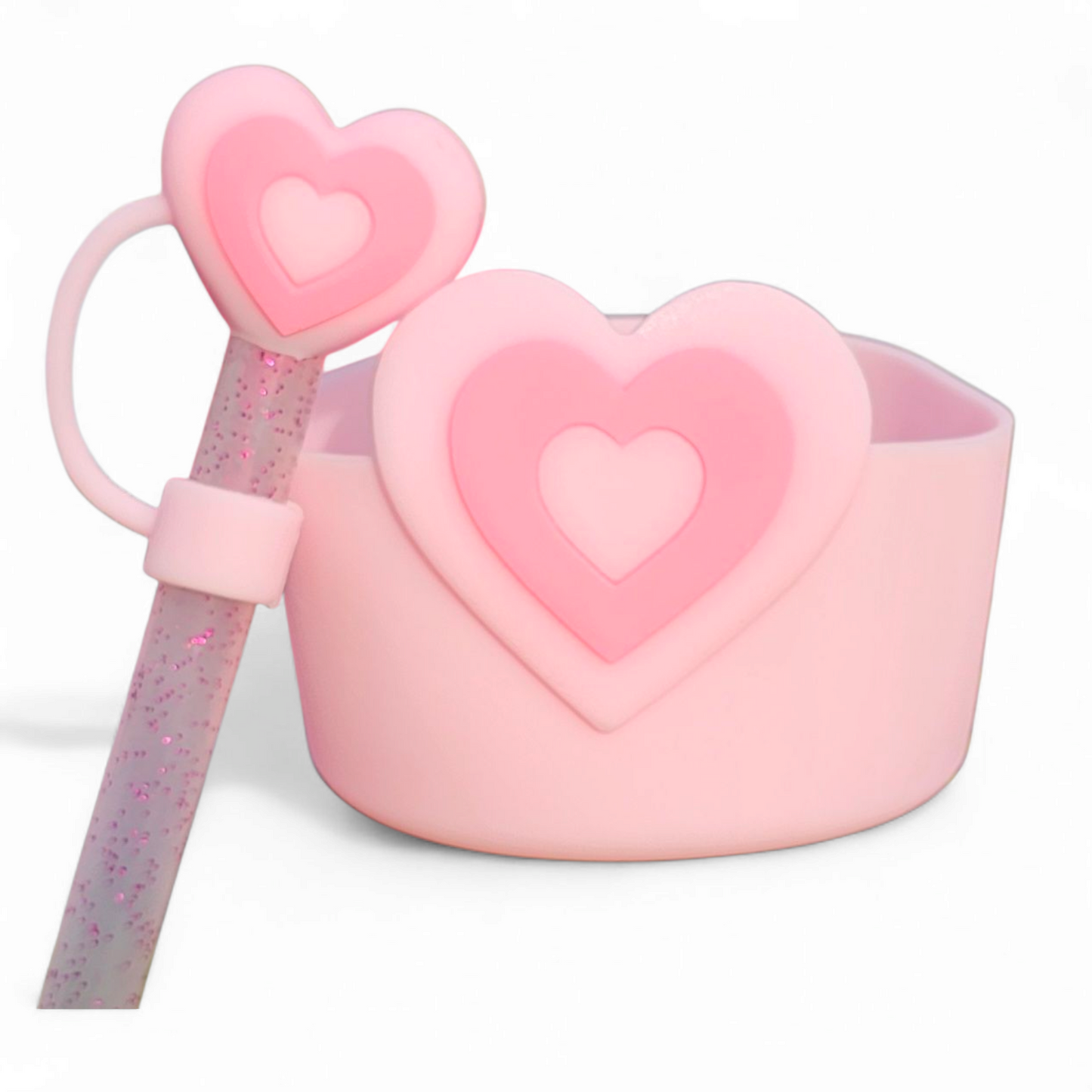 Light Pink Heart Tumbler Silicone Boot & Matching Heart Silicone 10mm Straw Topper 