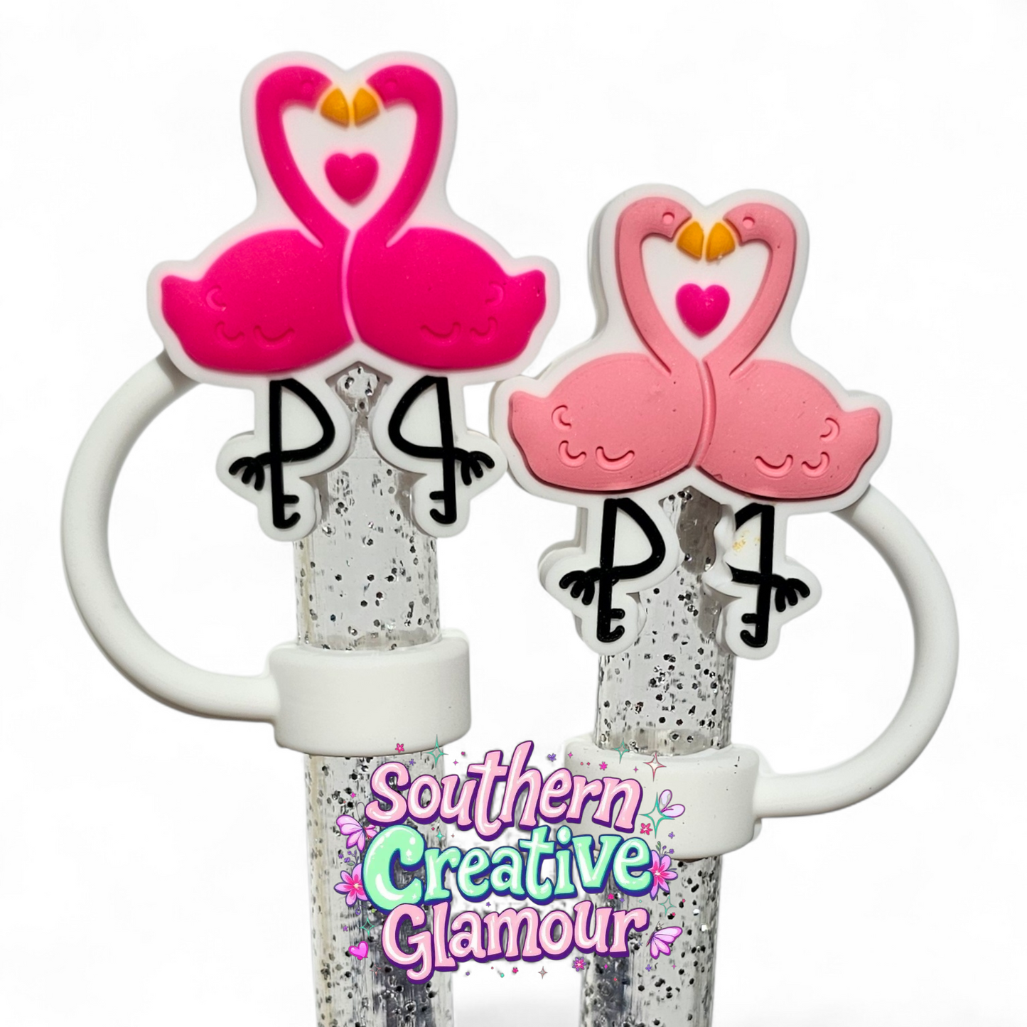 Pink Kissing Flamingos 10mm Silicone Straw Toppers | Straw Covers by Southern Creative Glamour 