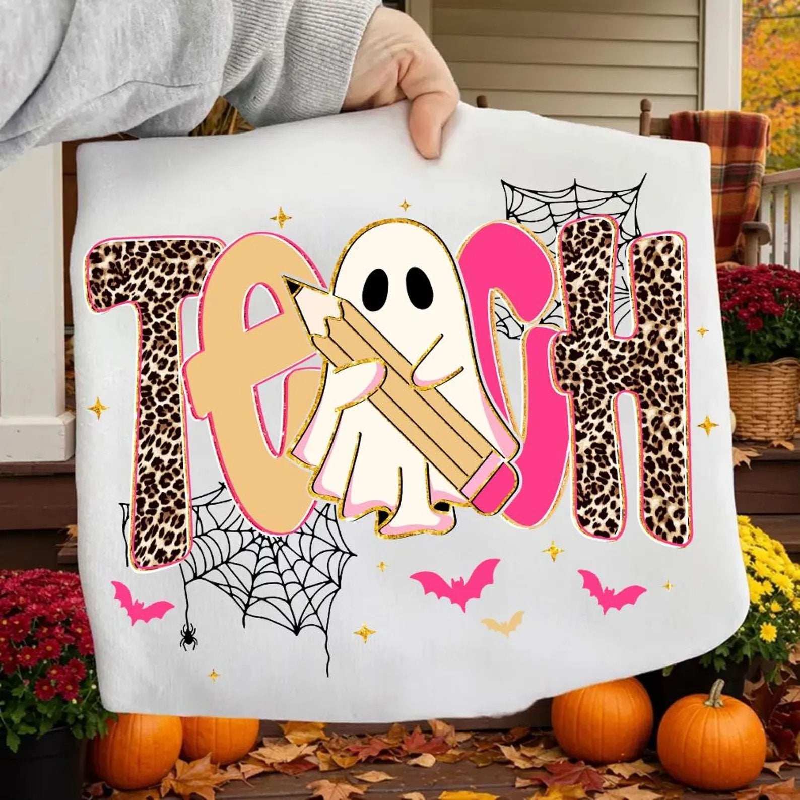 Pink & Leopard Teach With Ghost Tee or Sweatshirt 