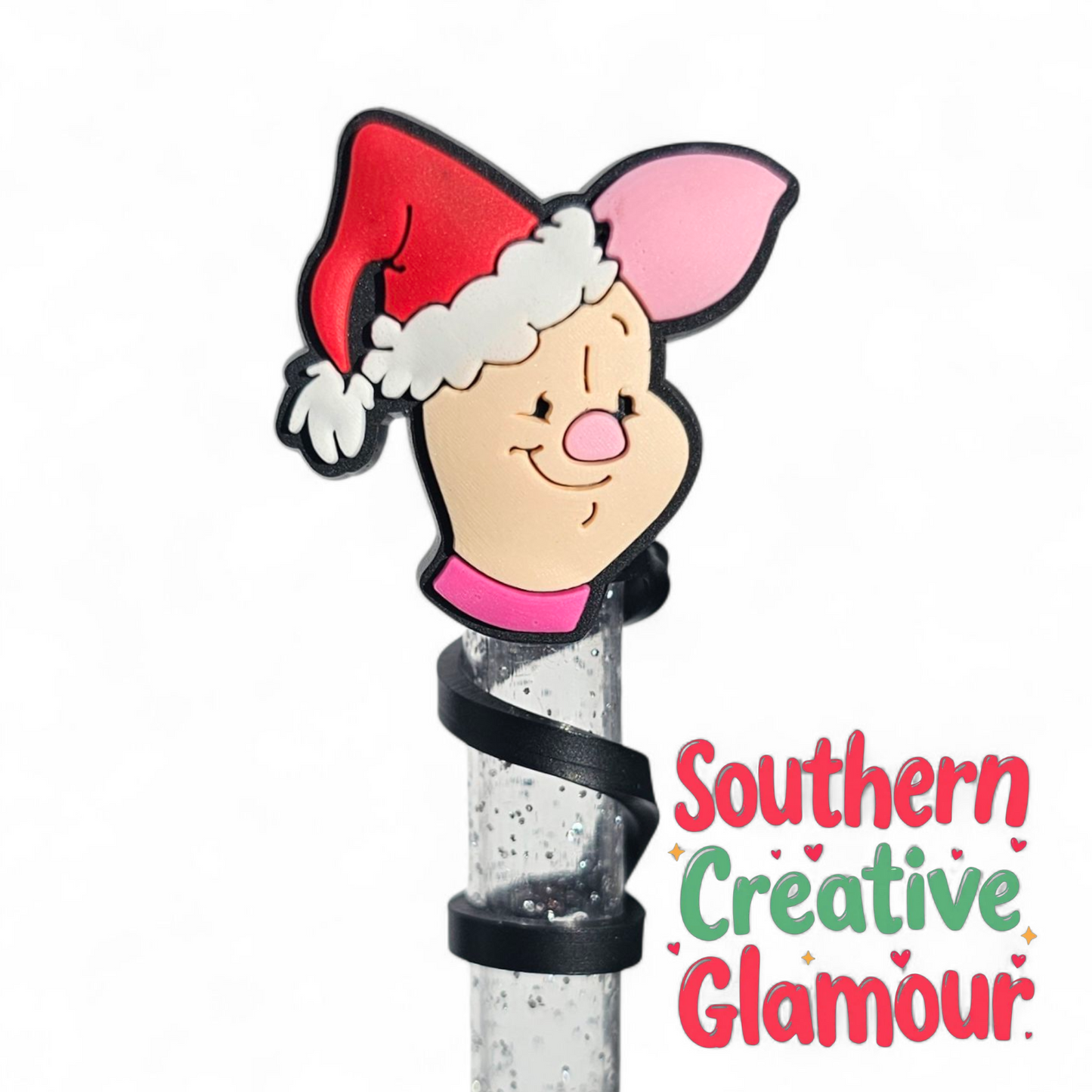 Pink Piglet Christmas 10mm Silicone Straw Toppers | Straw Covers 