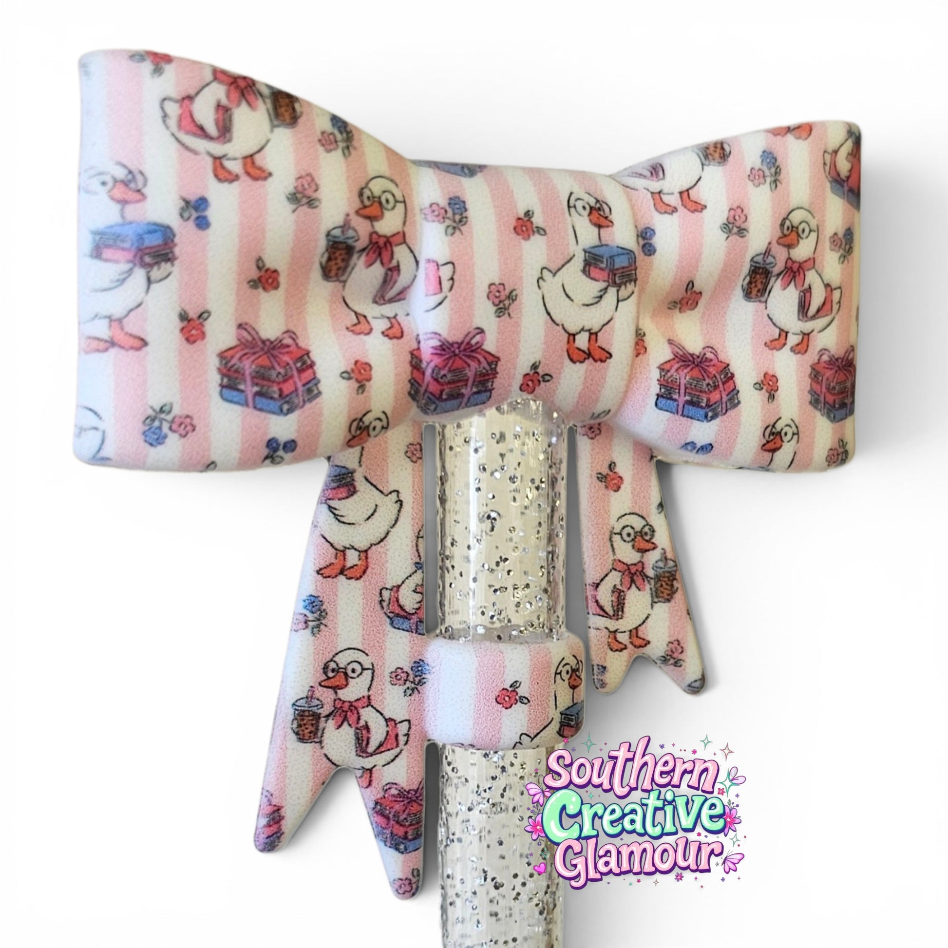 Preppy Duck Bow Straw Topper with pink striped duck, books, coffee and floral pattern for 10mm reusable tumbler straws.