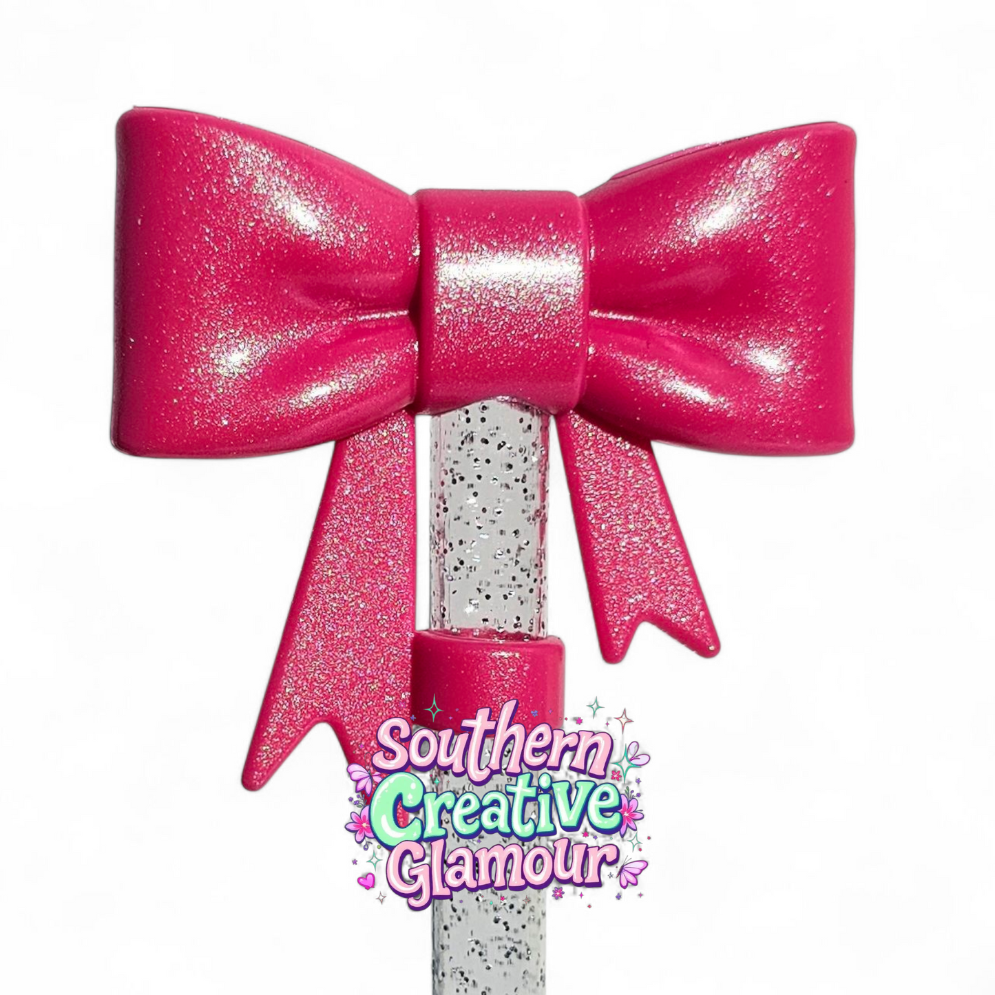 Pink Punch Shimmer 3D Bow Silicone 10mm Straw Topper | Straw Cover by Southern Creative Glamour 