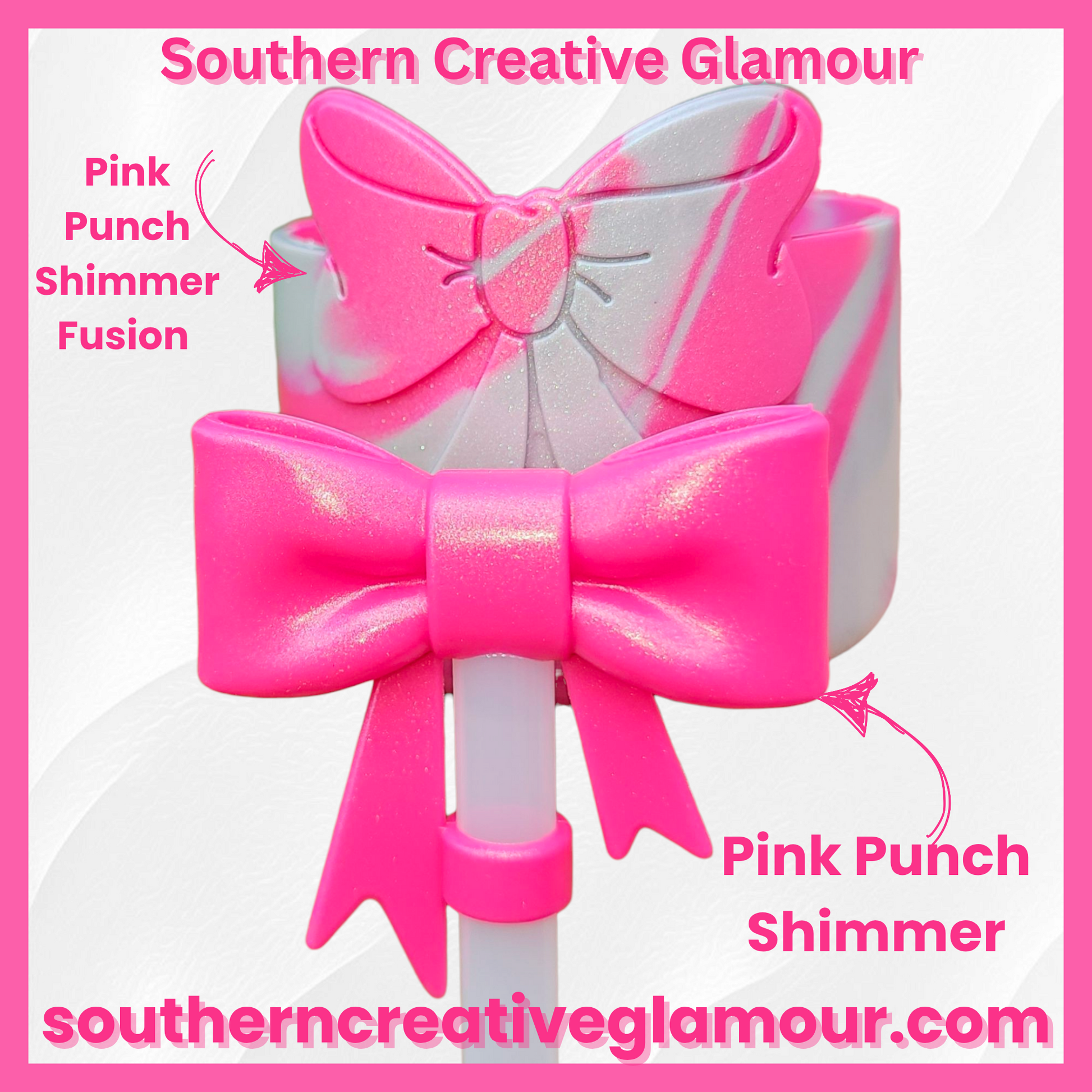 Pink and Silver Shimmer colors swirled on a silicone bow tumbler boot. Pink Punch Shimmer 3D Silicone Bow Straw Topper. 