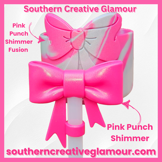 Pink and Silver Shimmer colors swirled on a silicone bow tumbler boot. Pink Punch Shimmer 3D Silicone Bow Straw Topper. 