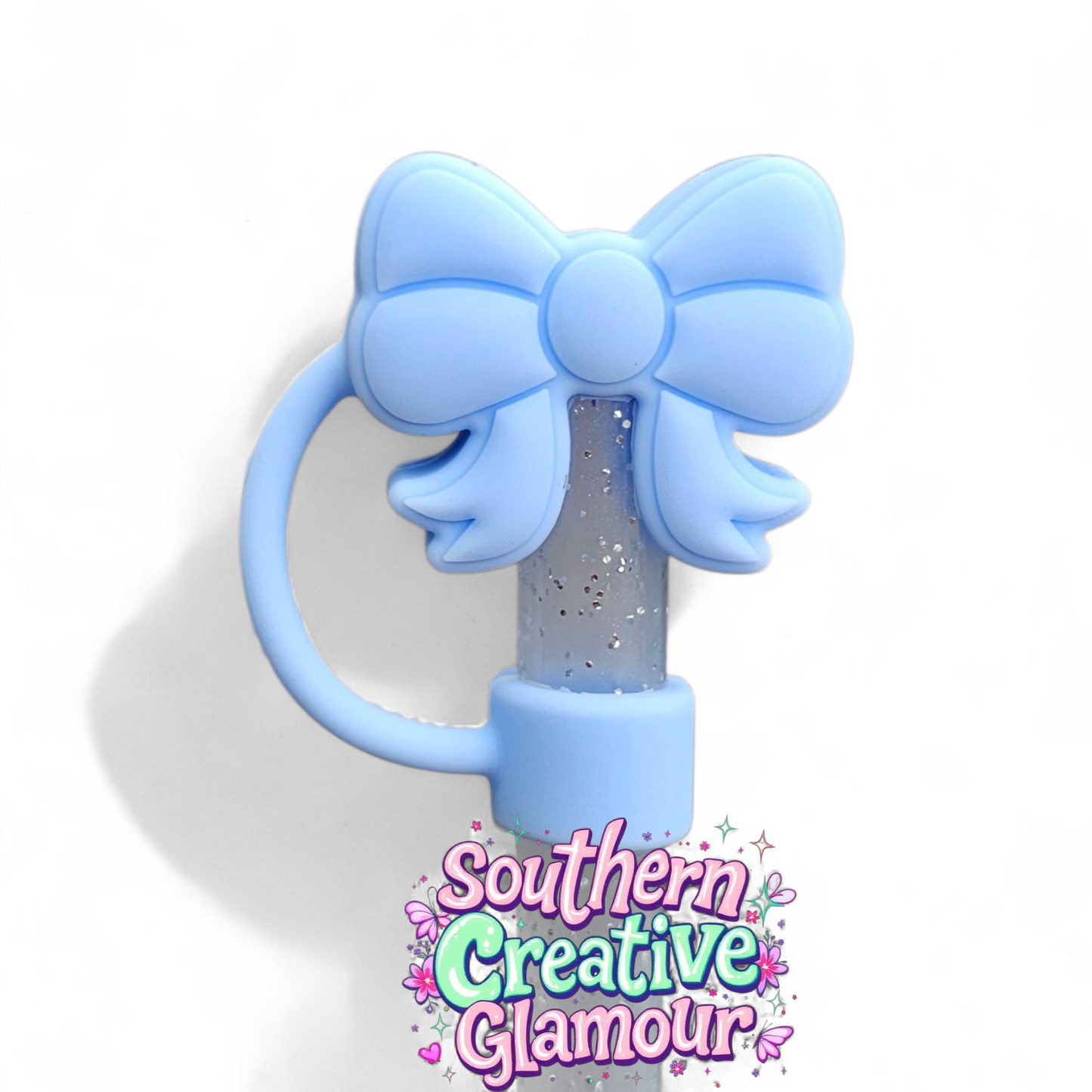 Powder Blue Girly Coquette 3D Ribbon Bow Silicone 10mm Straw Toppers by Southern Creative Glamour 