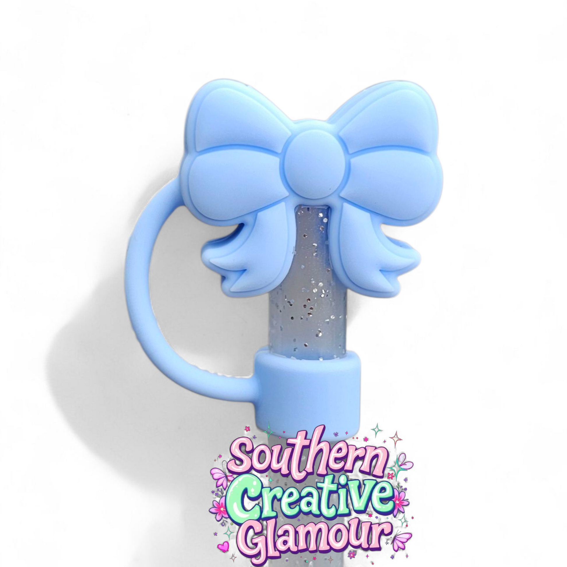 Powder Blue Girly Coquette 3D Ribbon Bow Silicone 10mm Straw Toppers by Southern Creative Glamour 