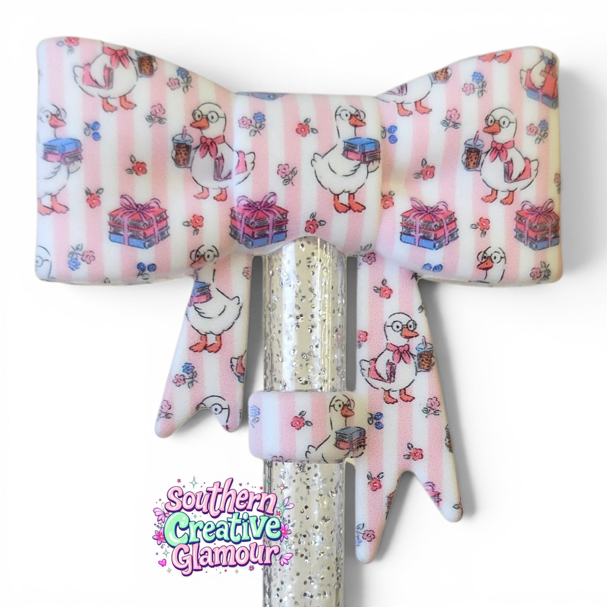 Preppy Duck Bow Straw Topper with pink striped duck, books, coffee and floral pattern for 10mm reusable tumbler straws.