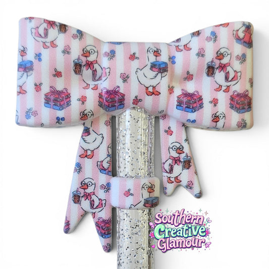 Preppy Duck Bow Straw Topper with pink striped duck, books, coffee and floral pattern for 10mm reusable tumbler straws.