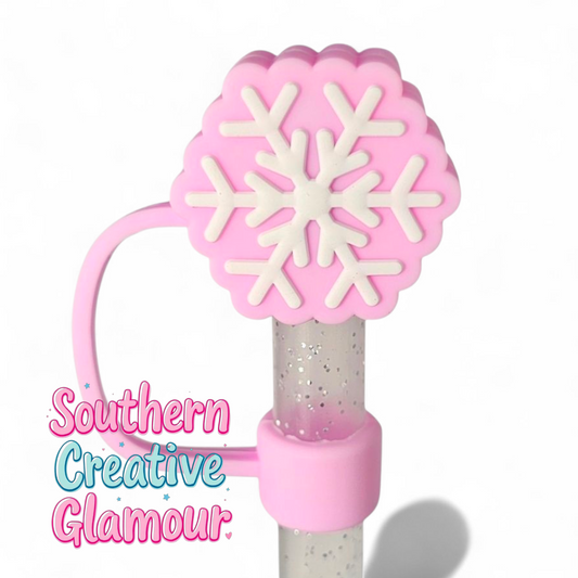 Preppy Pink Winter Snowflake Silicone 10mm Straw Topper by Southern Creative Glamour 