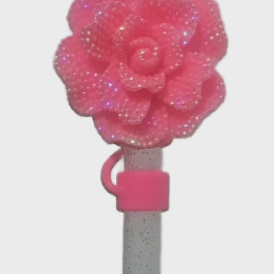 Hot Pink Glitter Rose 10mm Straw Topper by Southern Creative Glamour 