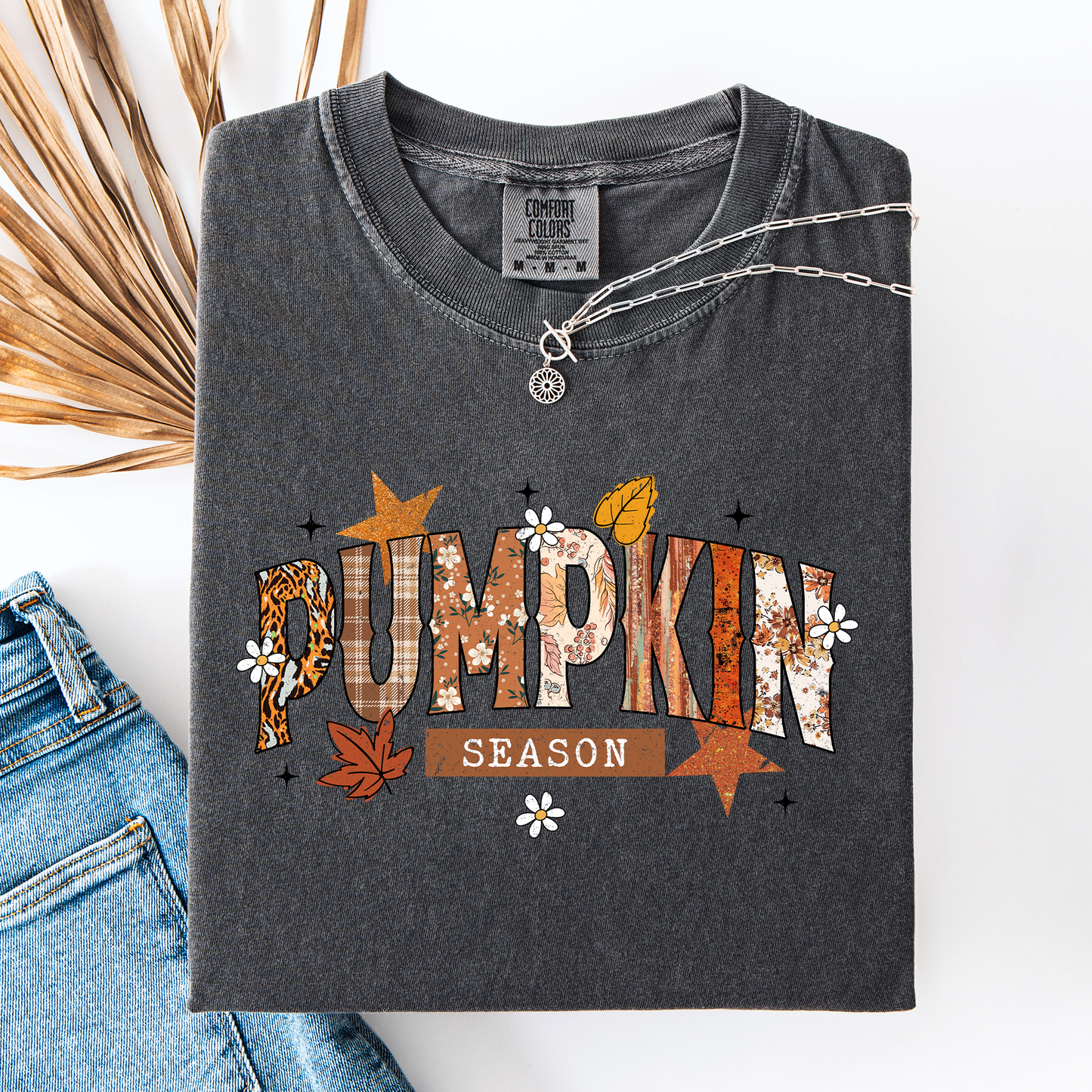 Dark pepper gray and Orange Pumpkin Season, Stars and Leaves, Autumn, Fall, Comfort Colors T-Shirt