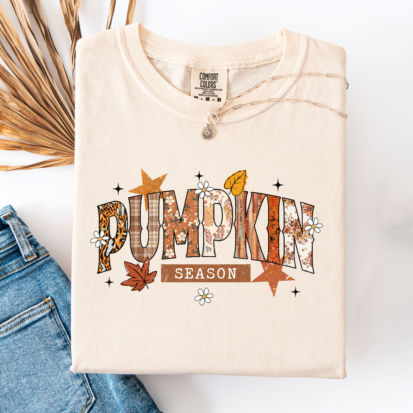 Ivory cream Pumpkin Season, Stars and Leaves, Autumn, Fall, Comfort Colors T-Shirt