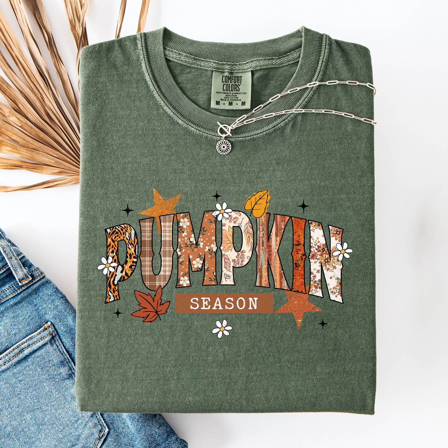 Moss green Pumpkin Season, Stars and Leaves, Autumn, Fall, Comfort Colors T-Shirt