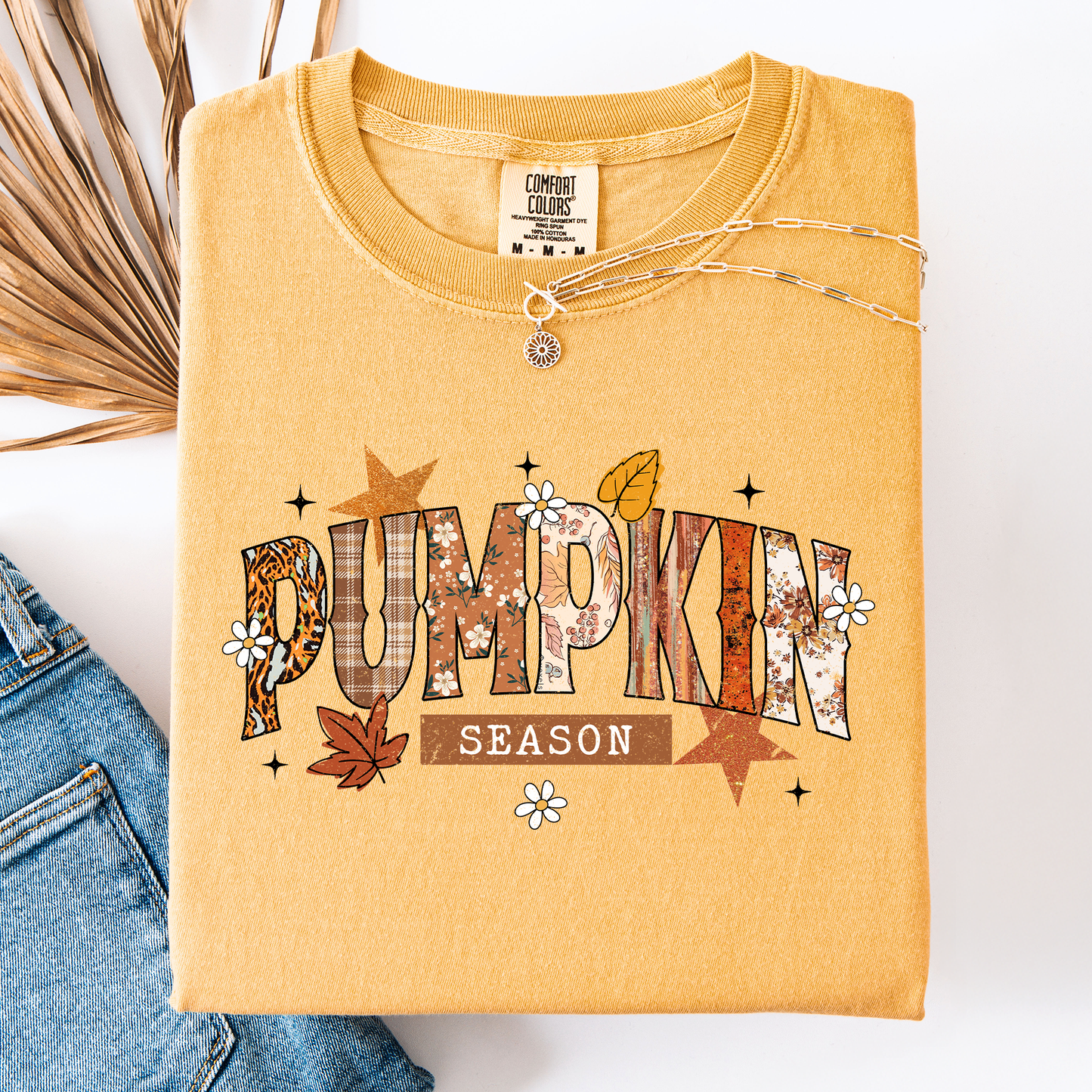 Mustard yellow and Orange Pumpkin Season, Stars and Leaves, Autumn, Fall, Comfort Colors T-Shirt
