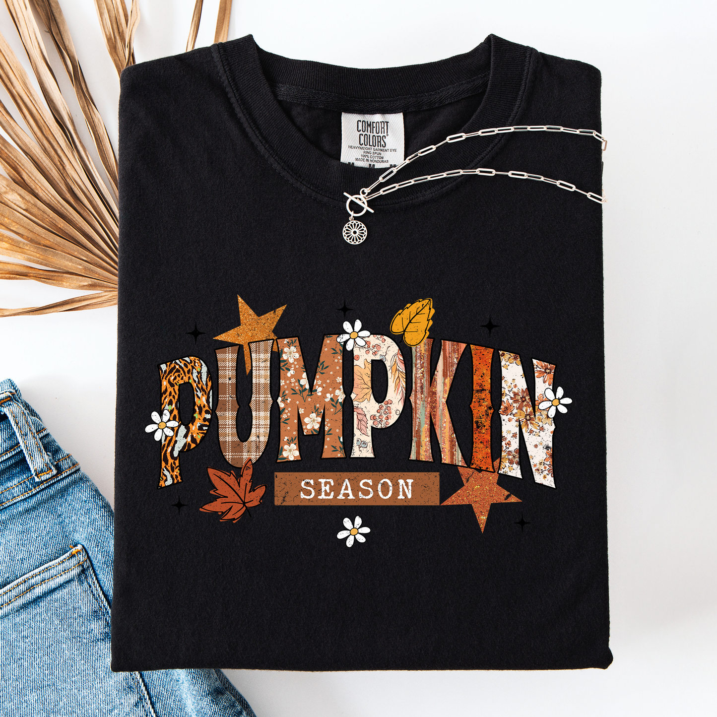 Black and Orange Pumpkin Season, Stars and Leaves, Autumn, Fall, Comfort Colors T-Shirt