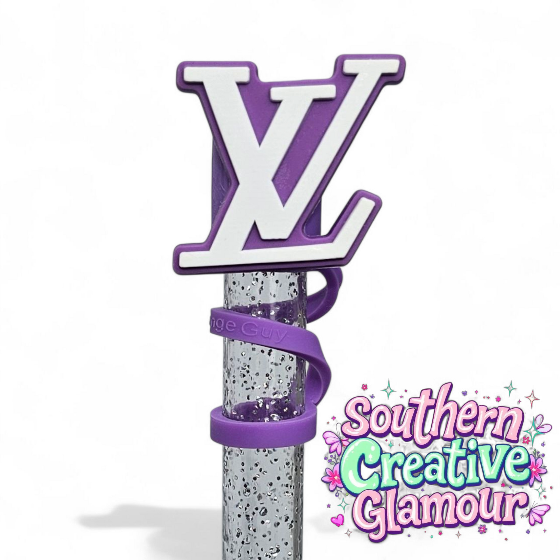 Louis Vuitton " LV " inspired Purple & White 2D Silicone 10mm Straw Topper by Southern Creative Glamour 