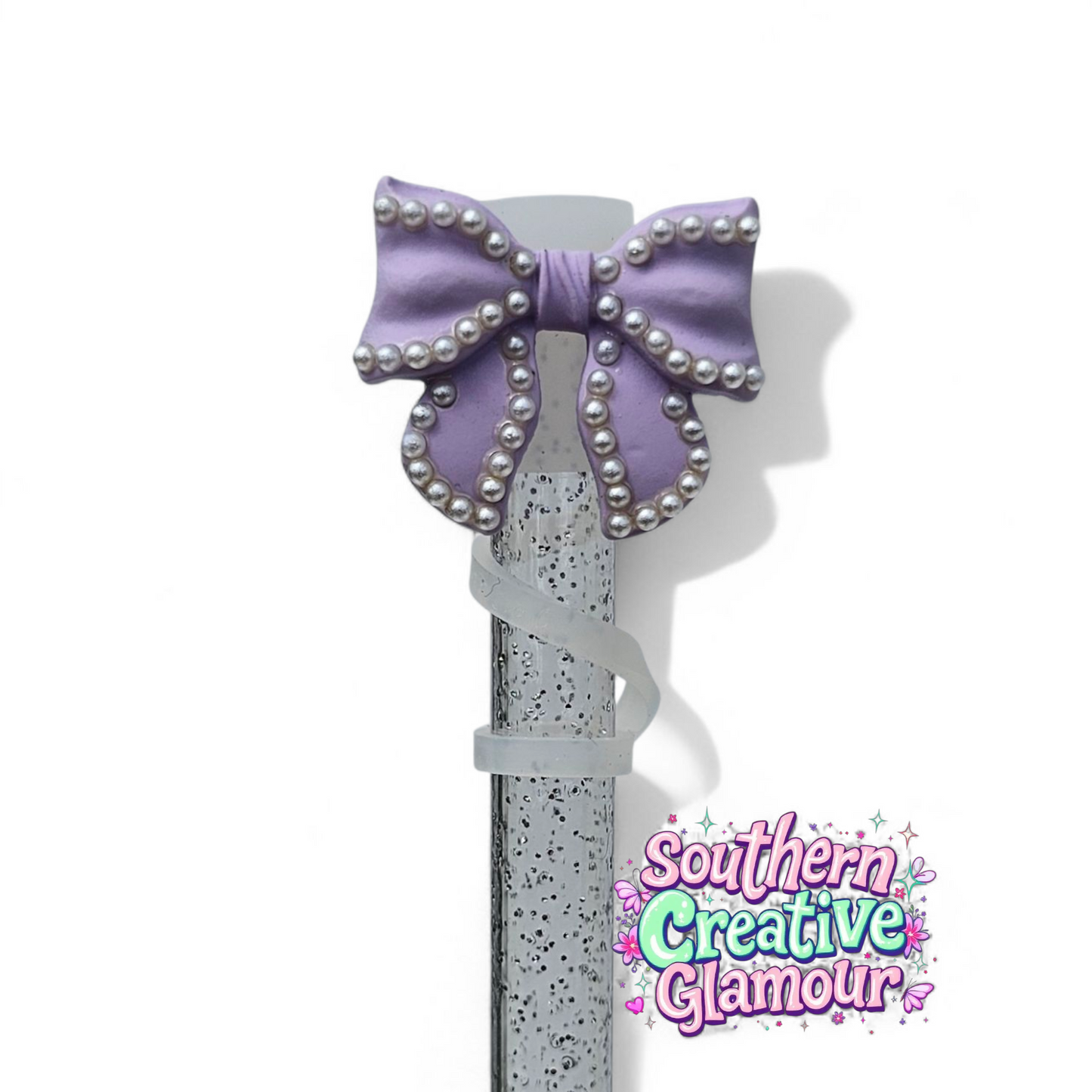 Purple Beaded Pearl Bow Straw Toppers by Southern Creative Glamour 