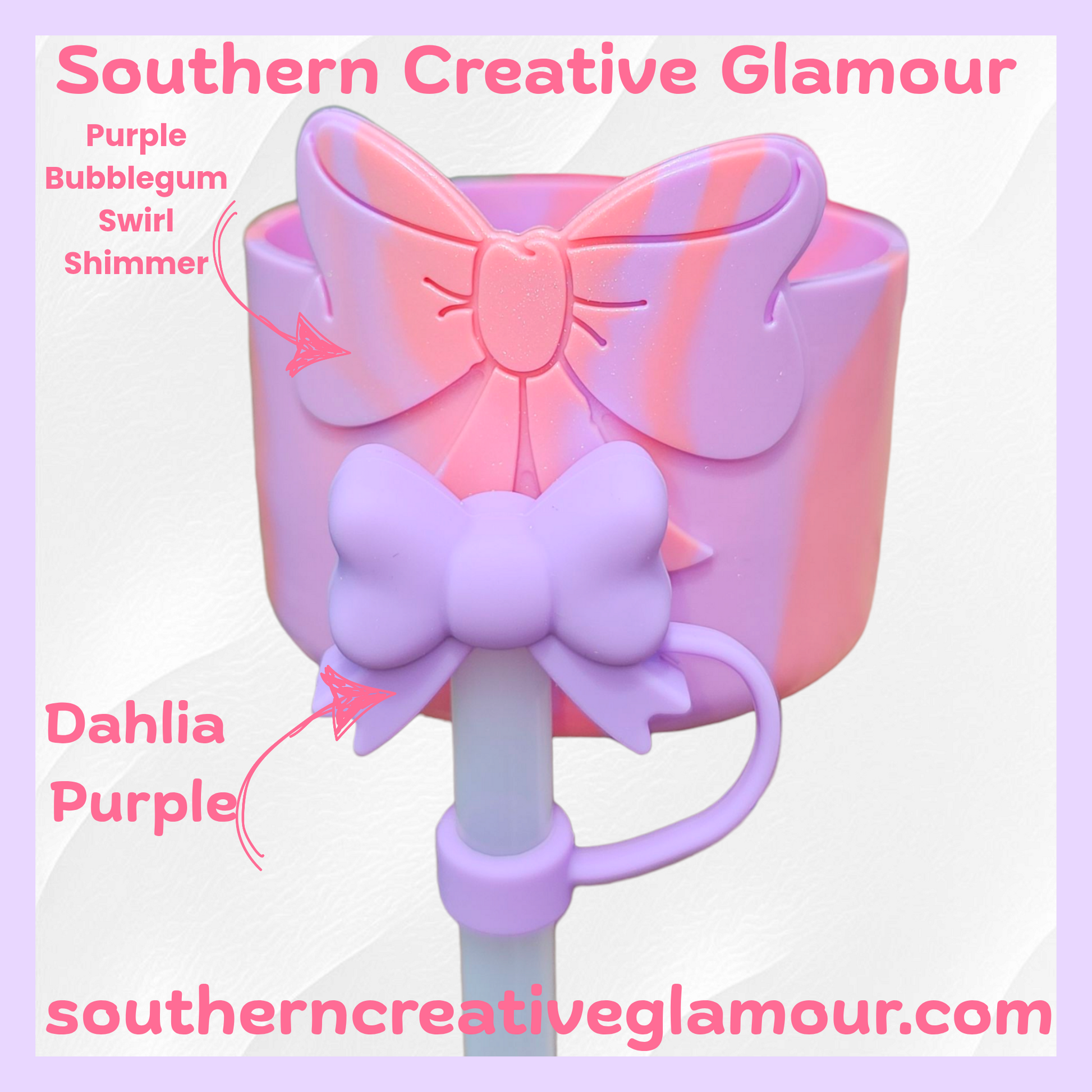 Purple Bubblegum Shimmer 3D Bow Silicone Tumbler Boot | Tumbler Sleeve and Purple 3D Bow Straw Topper Set by Southern Creative Glamour 