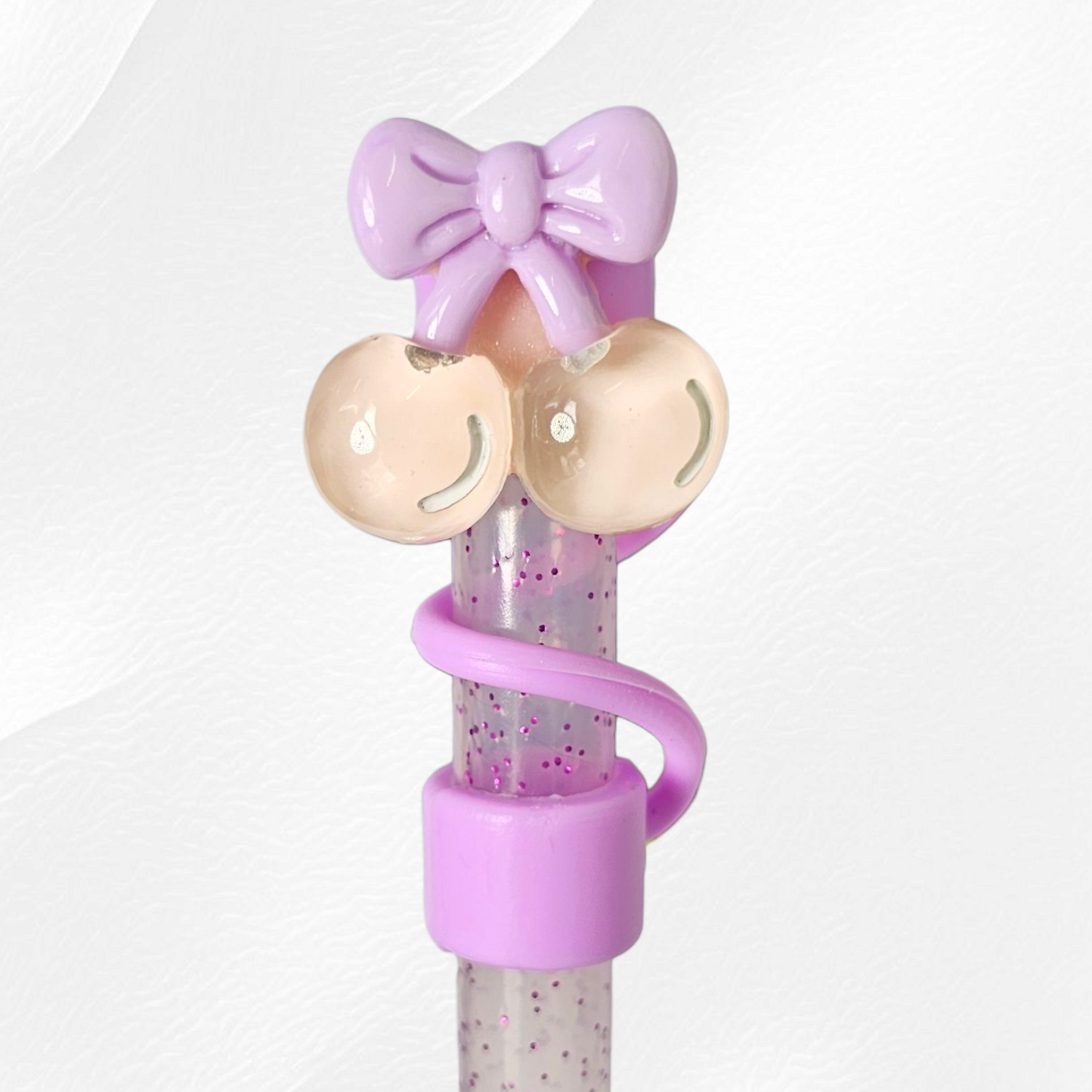 Purple cherries & bows silicone straw topper. 