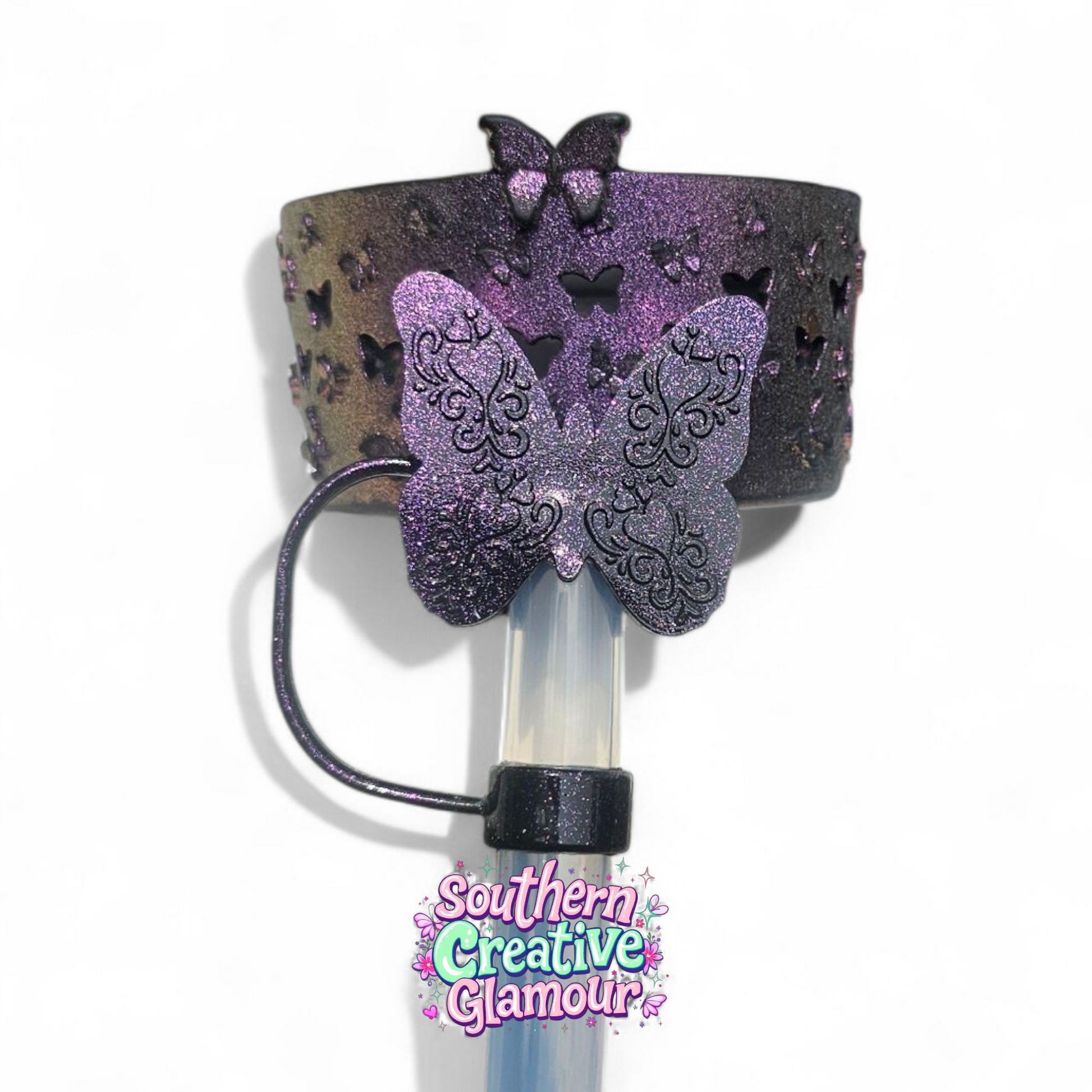 Metallic Purple Shimmer Butterfly 12mm Silicone Straw Topper by SouthernCreativeGlamour | Fits Brumate 