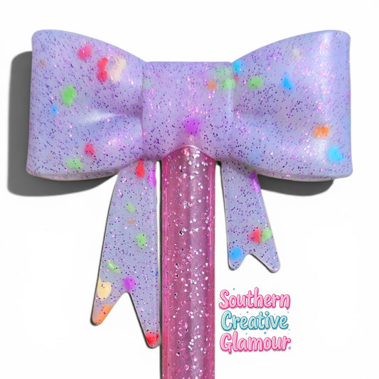 Purple Confetti Glitter Bow Straw Topper | Fits 10mm Straws