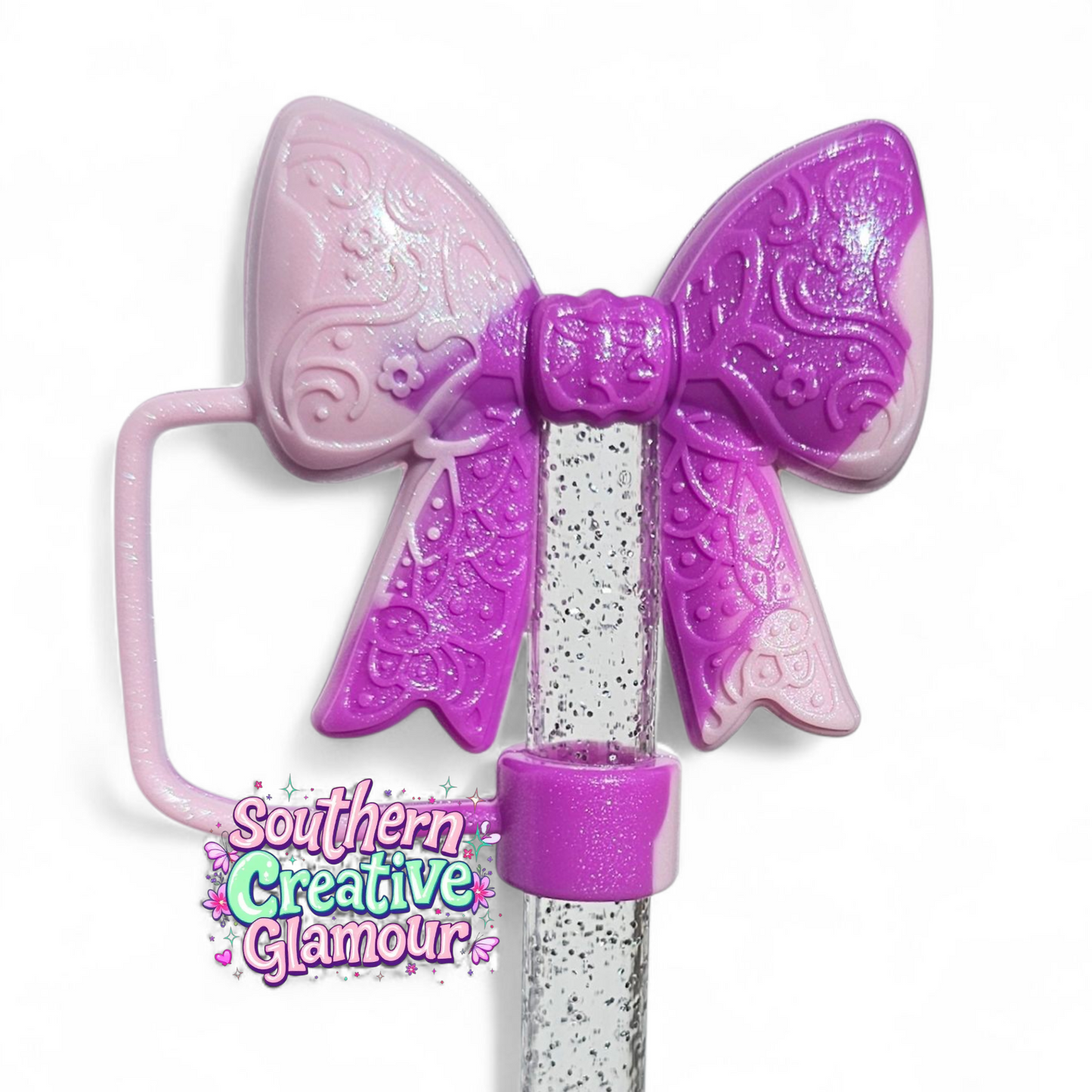 Purple Swirl Shimmer Paisley 3D Bow Silicone 10mm Straw Topper | Straw Cover by Southern Creative Glamour 