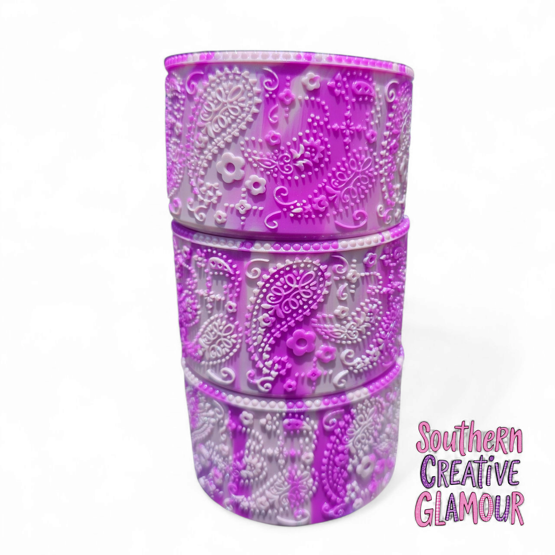Purple Swirl Shimmer Silicone Tumbler Boot with 3D Textured Floral and Paisley Design by Southern Creative Glamour. 