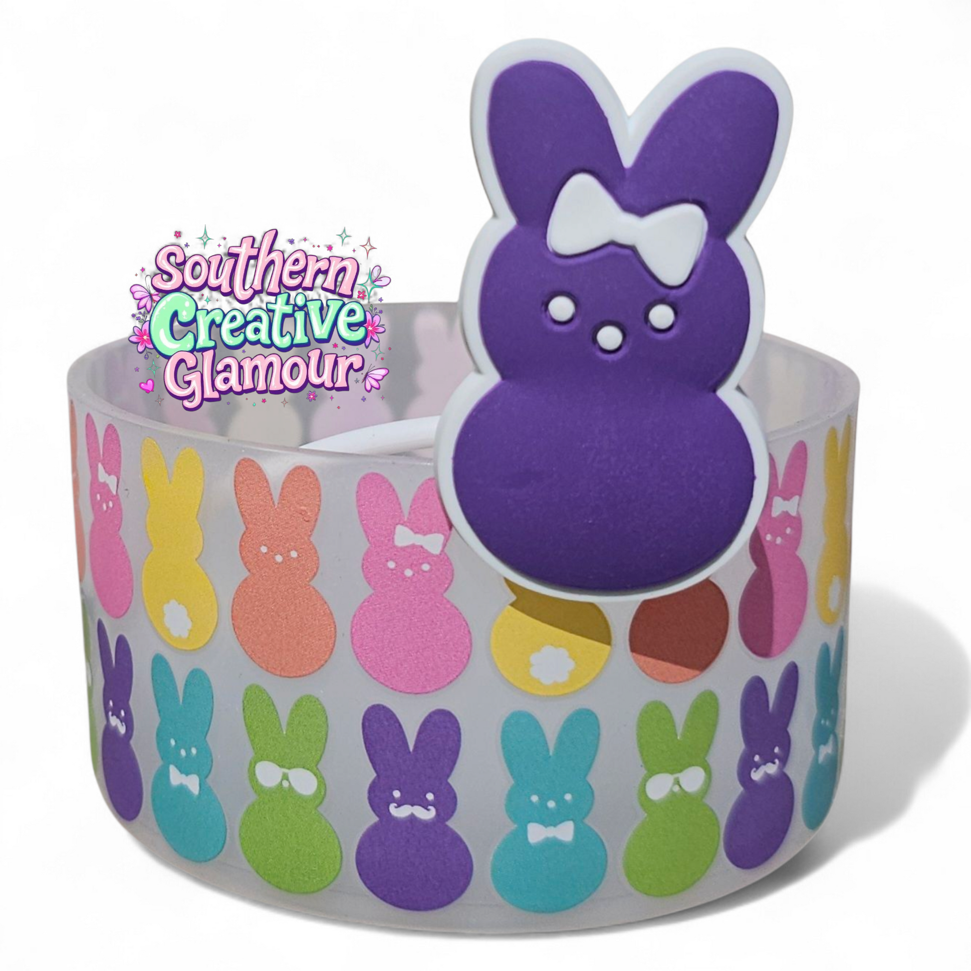 Purple Peeps Easter Bunny Silicone Straw Topper & Matching Peeps Silicone Tumbler Boot 