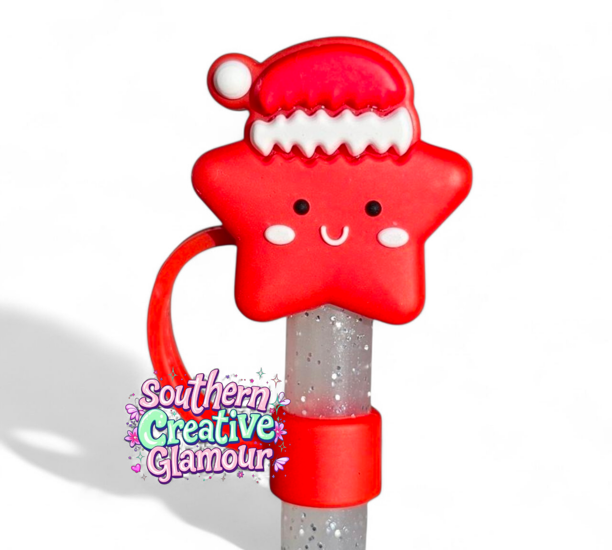 Red Christmas Star Silicone 10mm Straw Topper by Southern Creative Glamour 