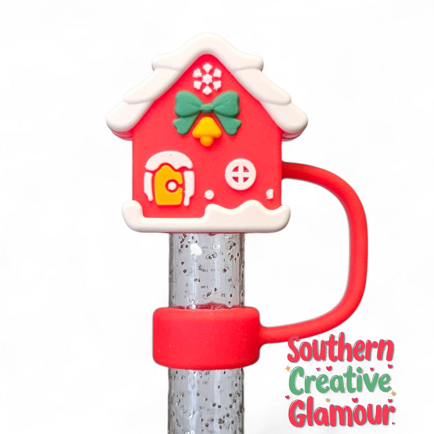 Red Bird House Christmas 10mm Silicone Straw Topper by Southern Creative Glamour 