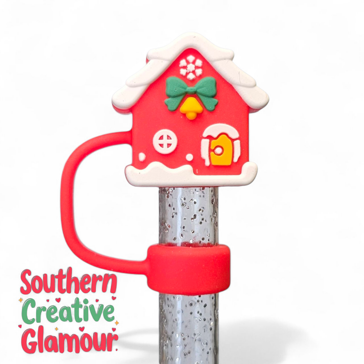 Red Bird House Christmas 10mm Silicone Straw Topper by Southern Creative Glamour 