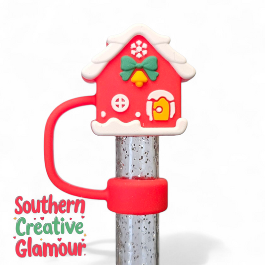 Red Bird House Christmas 10mm Silicone Straw Topper by Southern Creative Glamour 