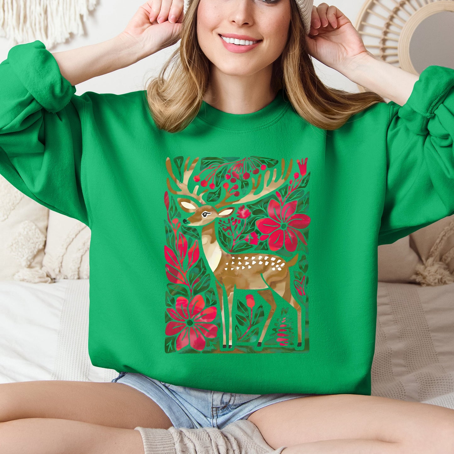 Bright Green, red, green Christmas Deer, Colorful, Flowers, Santa, Snow Sweatshirt