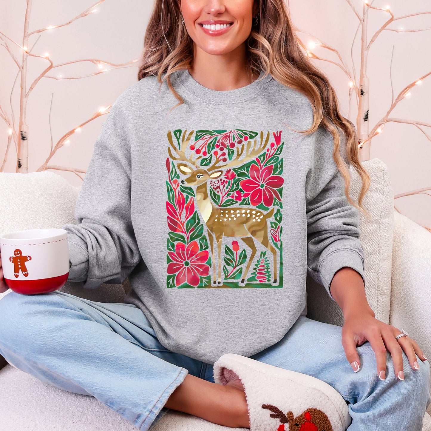 Sport gray, red, green Christmas Deer, Colorful, Flowers, Santa, Snow Sweatshirt