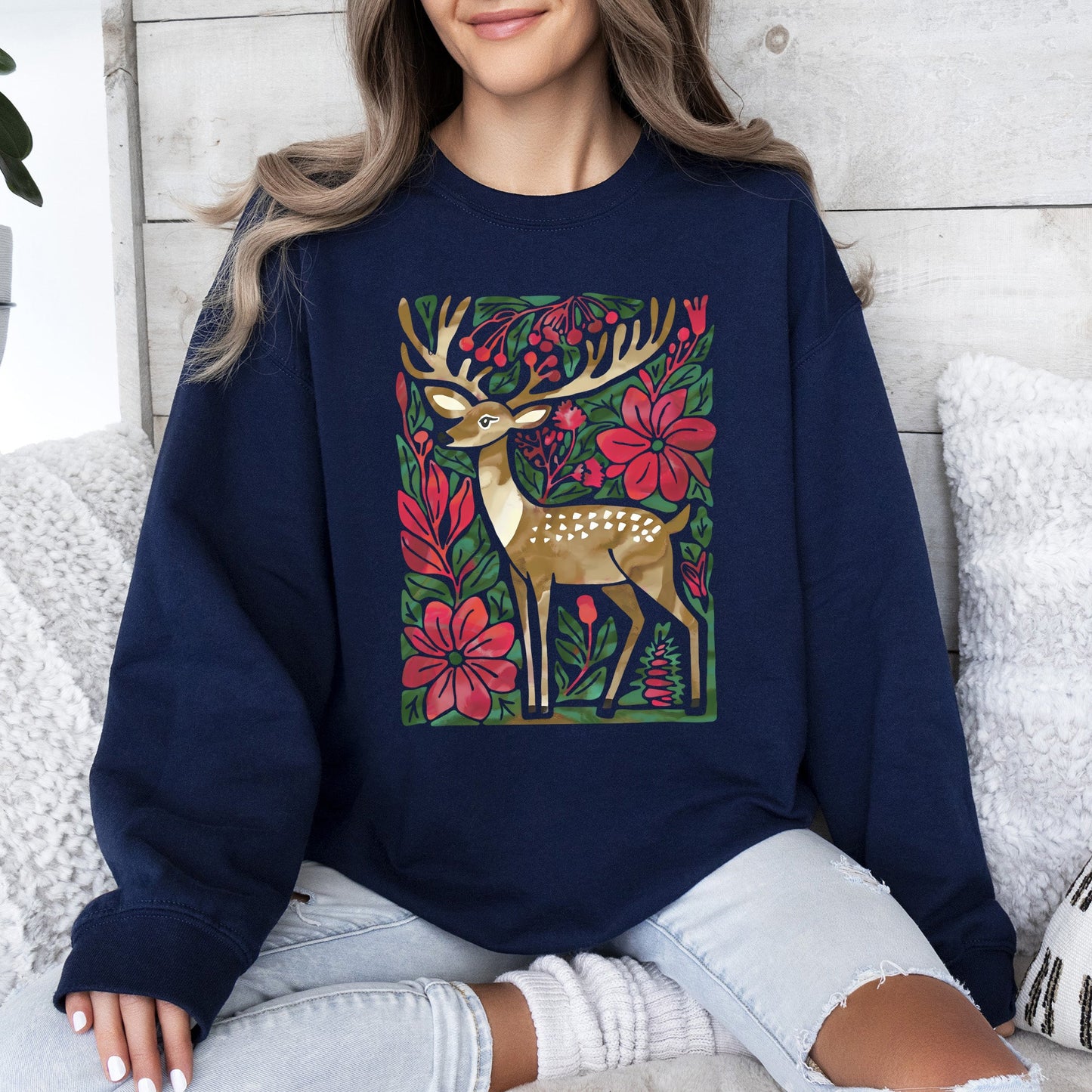 Navy Blue, red, green Christmas Deer, Colorful, Flowers, Santa, Snow Sweatshirt