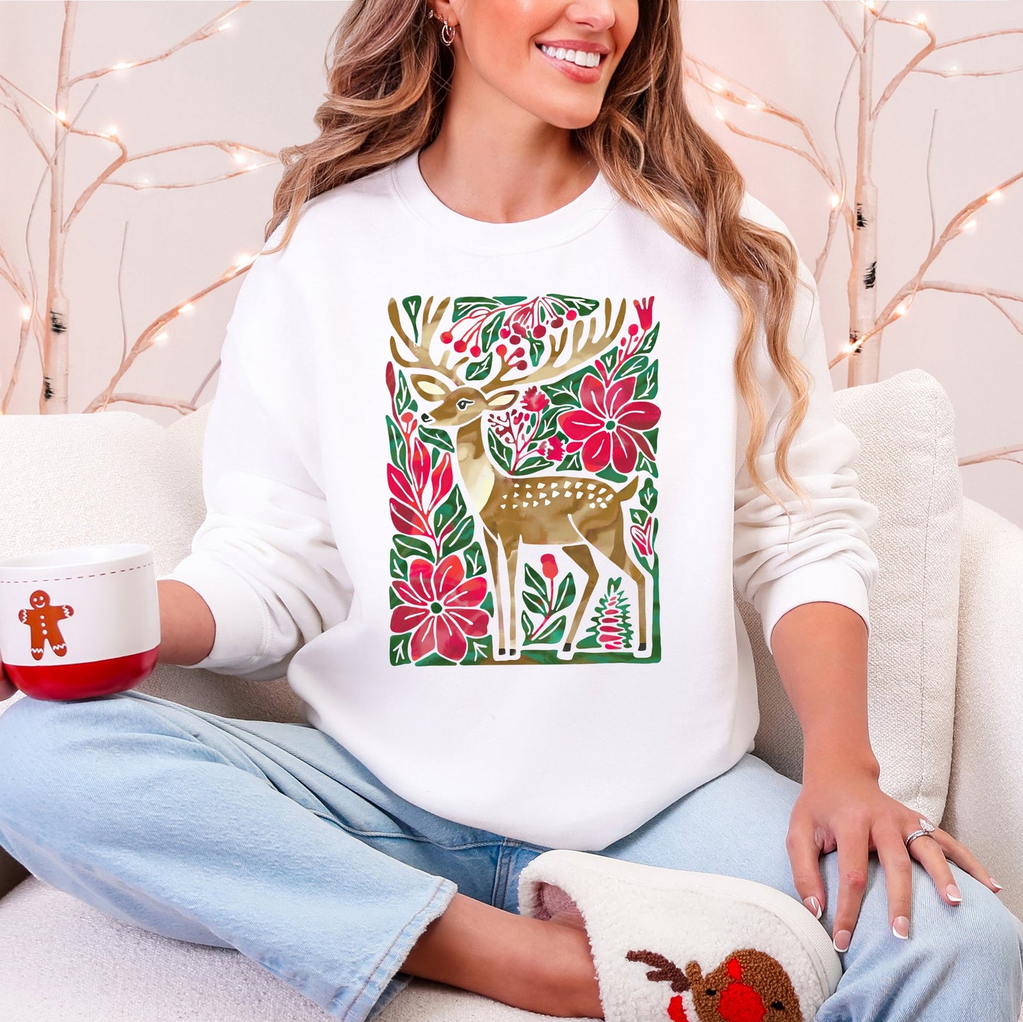 White, red, green Christmas Deer, Colorful, Flowers, Santa, Snow Sweatshirt