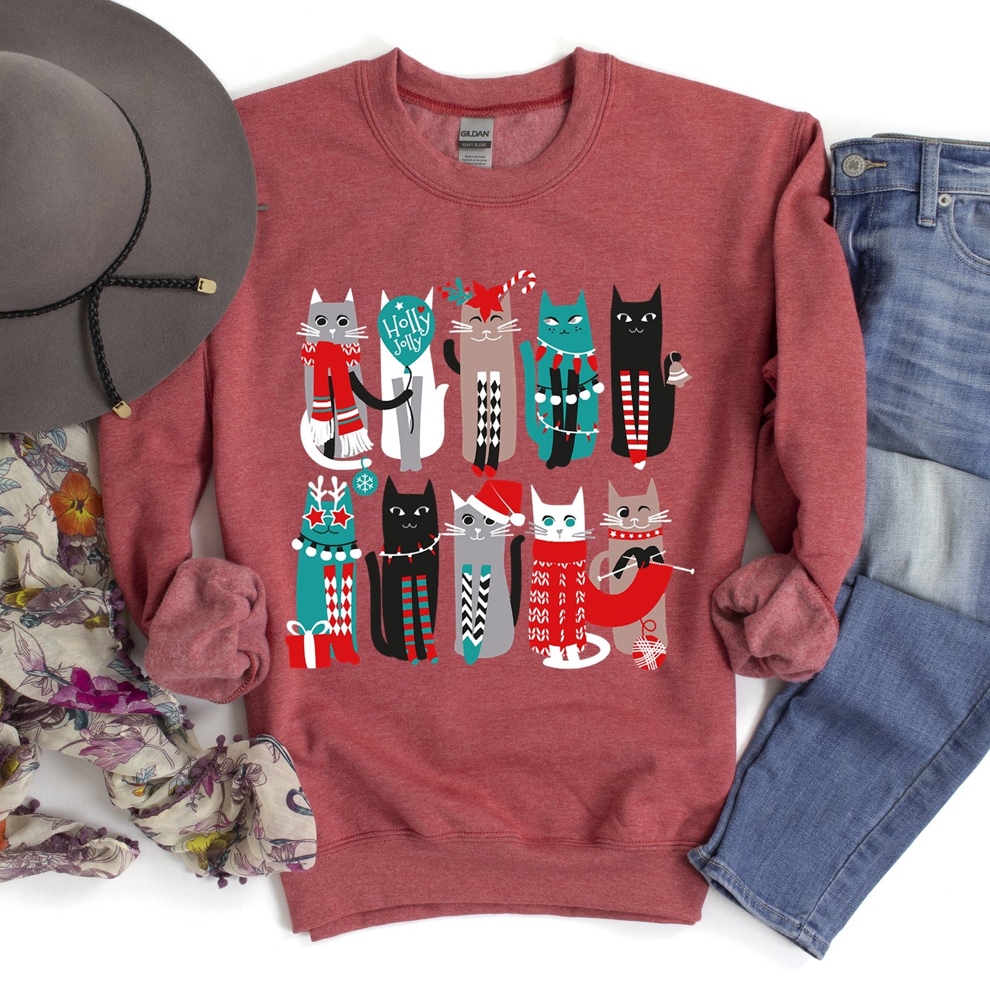 Heather Sport Red Christmas Cats Cute Sweatshirt