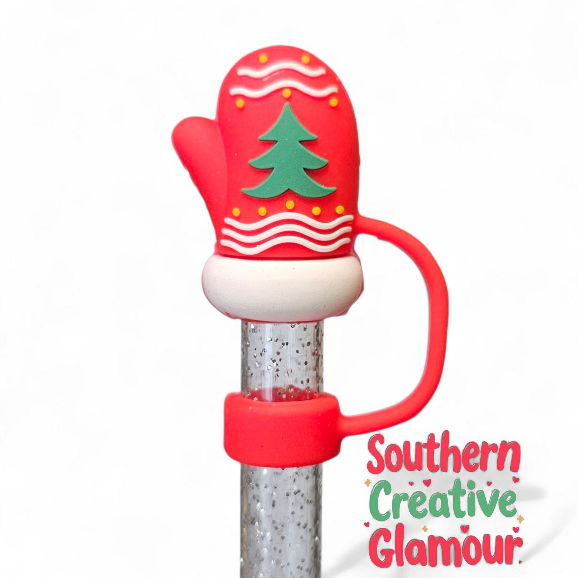 Red Festive Christmas Mitten Silicone 10mm Straw Topper by Southern Creative Glamour 